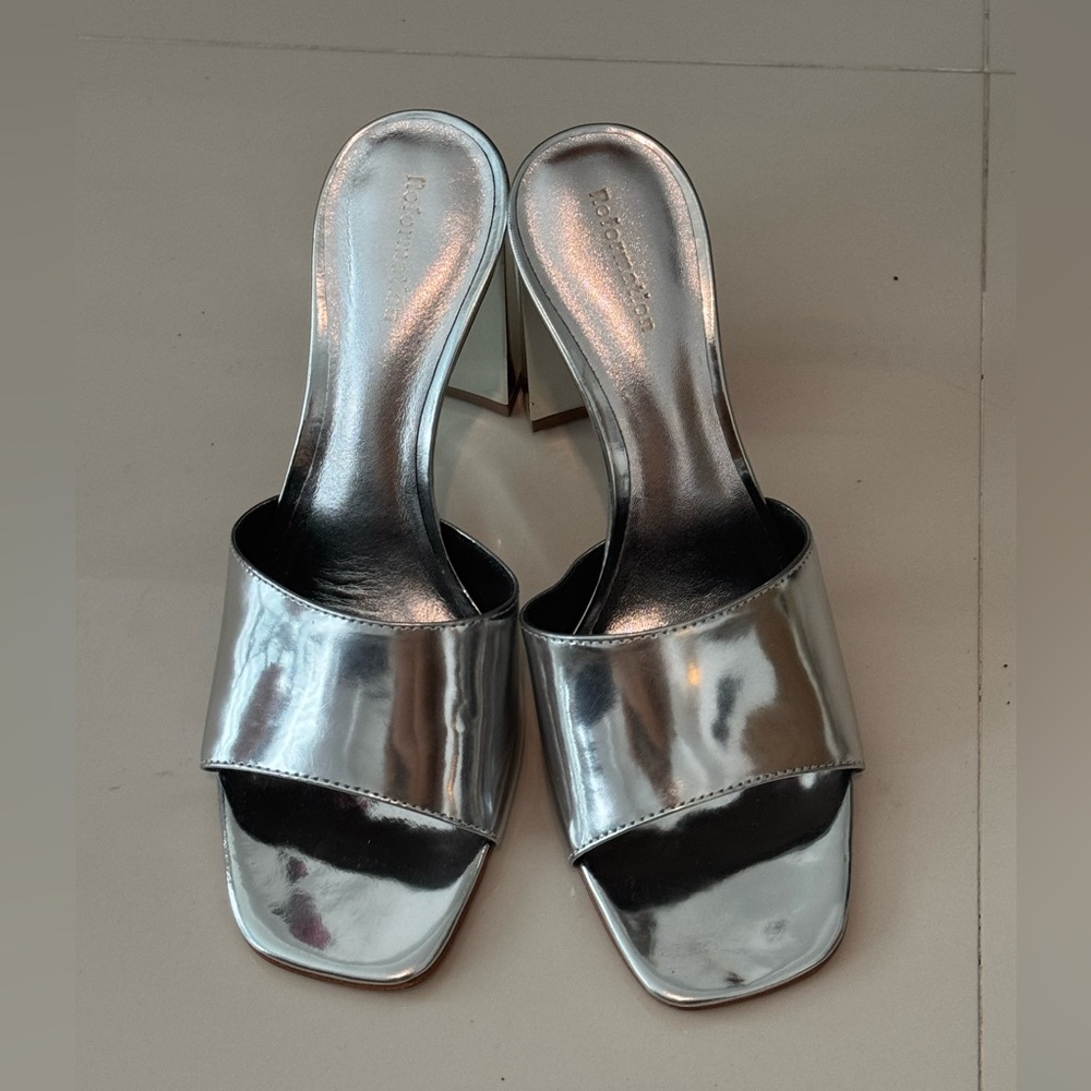 Reformation metallic silver block heel